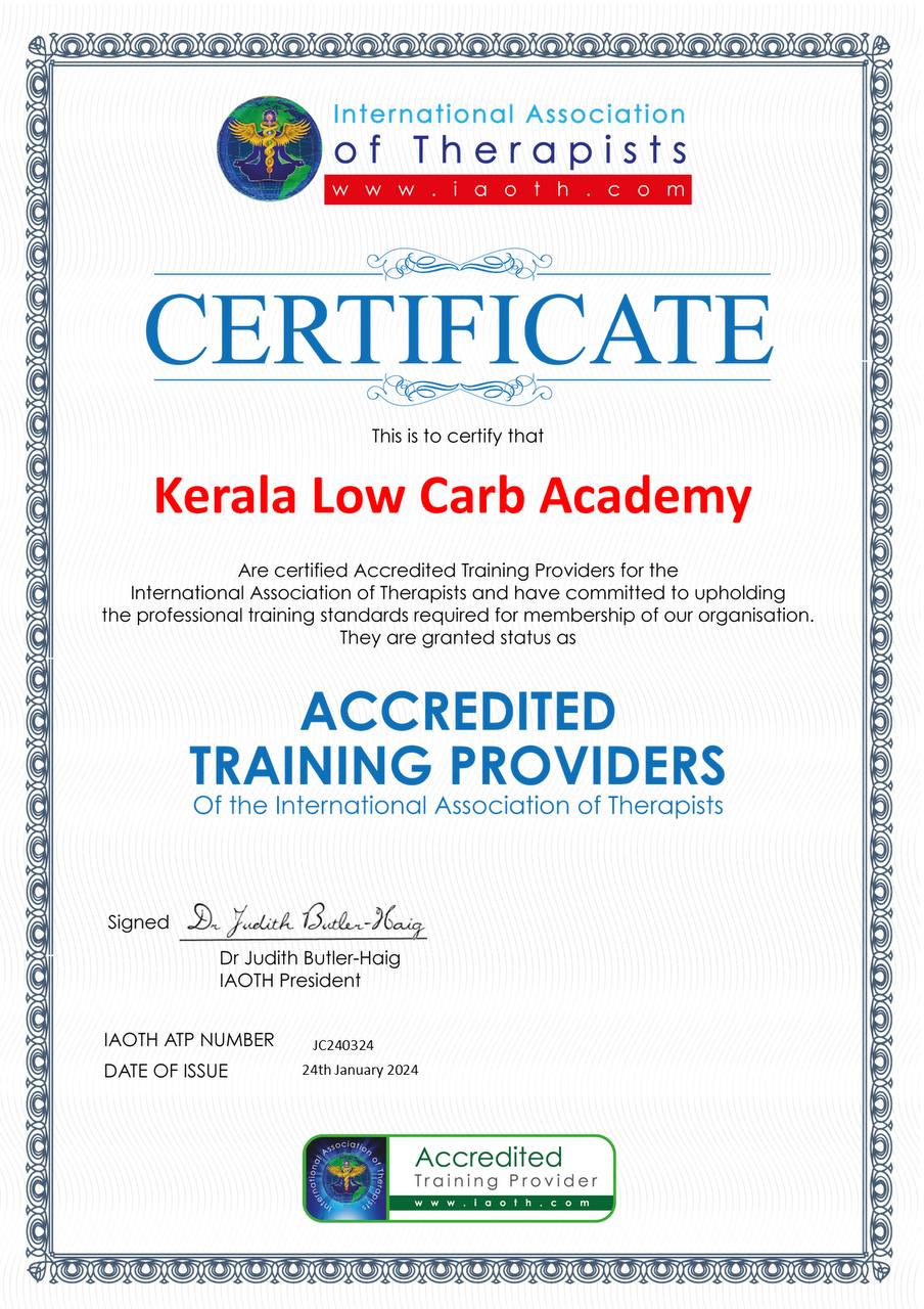 IAOTH Accreditation certificate for Kerala low carb academy